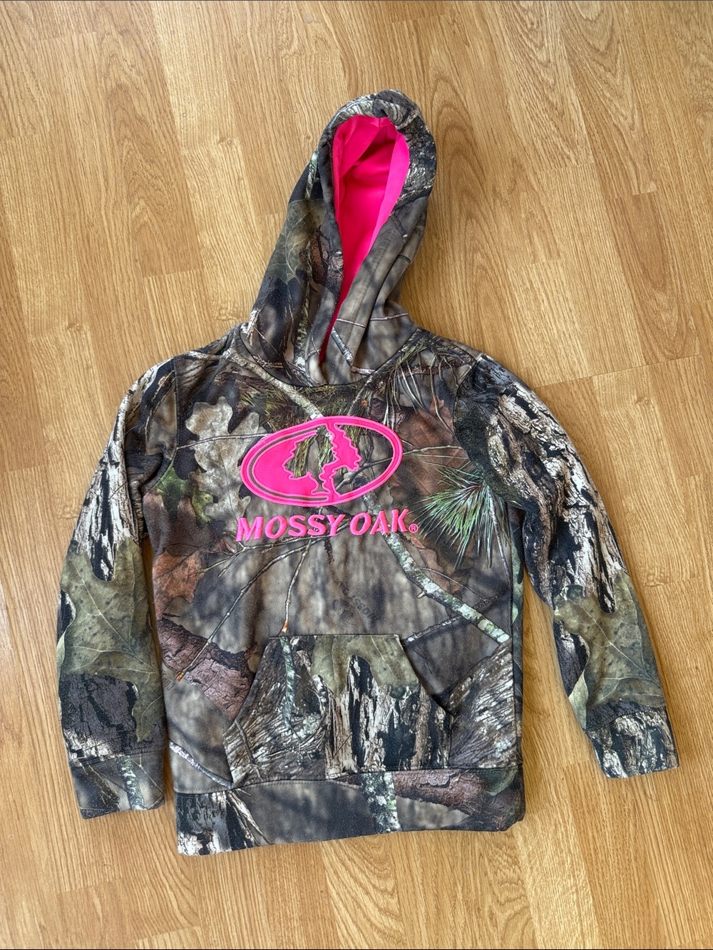 Mossy Oak Camo Kids Hoodie with Pink Logo and Lined Hood
